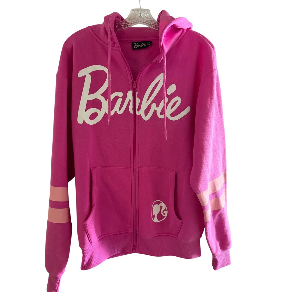 Barbie Pink Zip Up Hoodie California 59 Graphic Varsity Sweatshirt Womens Medium